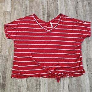 MTS Red and White Striped V-Neck Tie-Front Tee